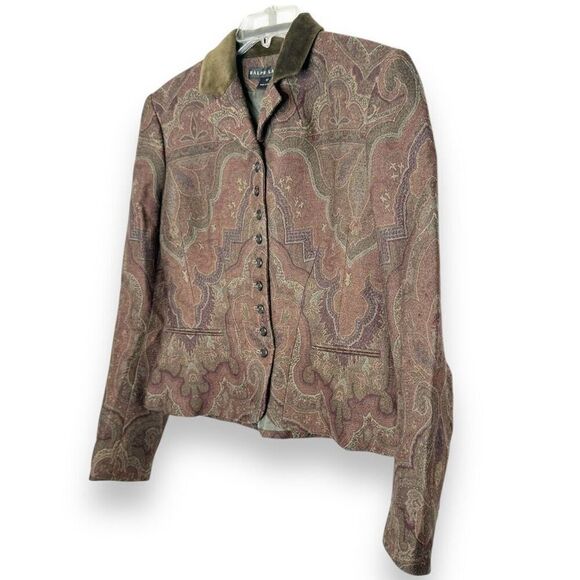 RALPH LAUREN Black Label Jacquard Print Jacket Blazer with Velvet Collar Size 10 - Picture 4 of 11